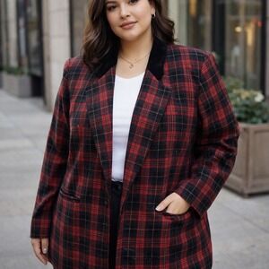 Vintage‎ Sag Harbor Woman Tartan  Plaid Blazer Red Black Velvet Collar Jacket 16